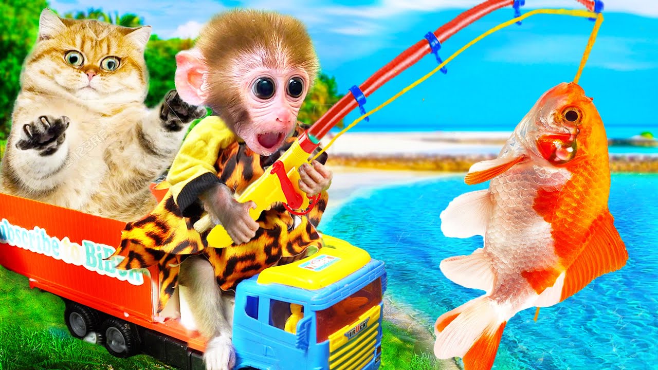 Smart Monkey Baby Bi Bon and MiMi cat steal fish from Dinosaur | Animals Home Monkey Videos