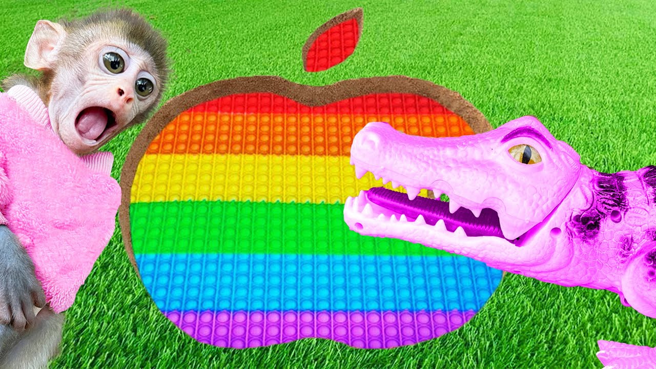 Monkey baby Bin Bin Satisfying rainbow toys with crocodiles on Animal Revolt