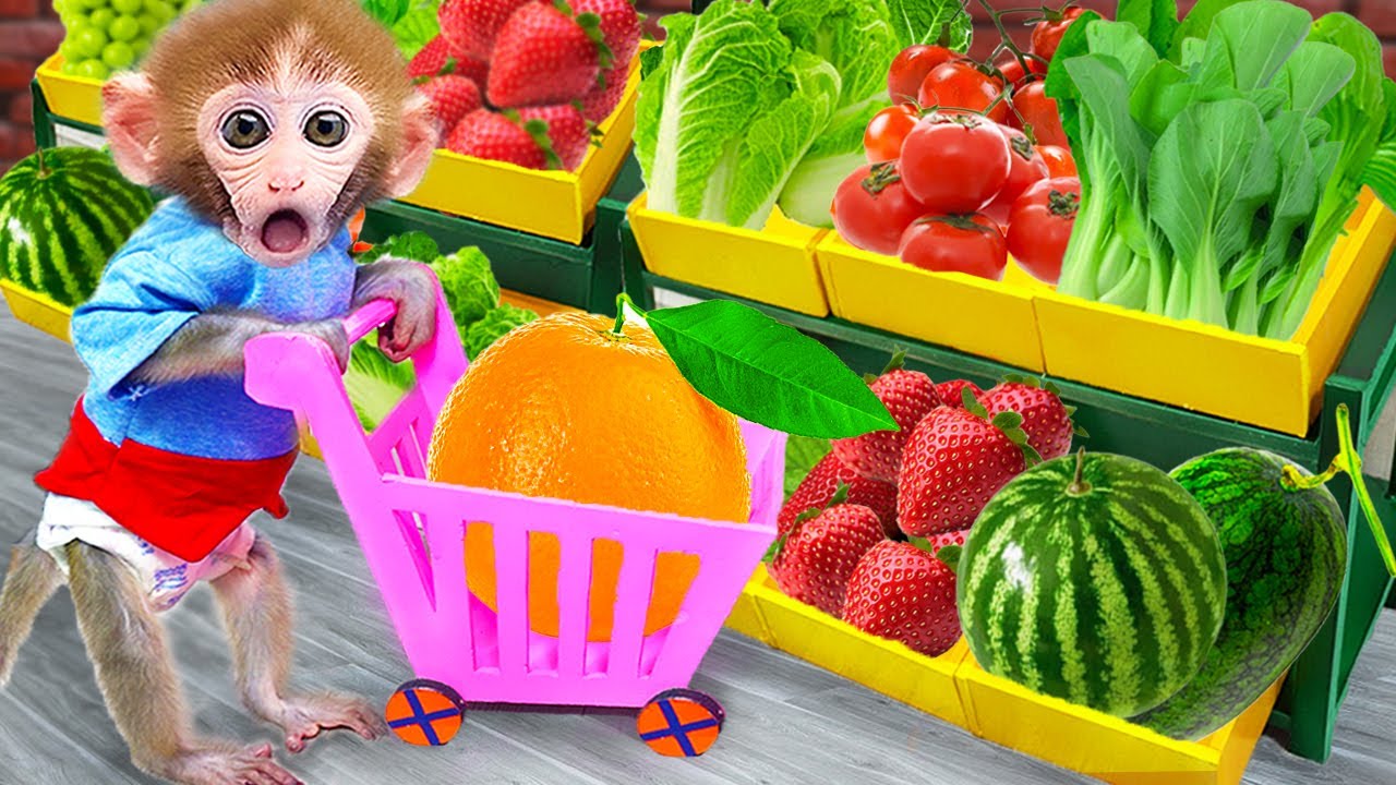 Cute Monkey Baby Bi Bon goes to buy fruit at the supermarket and eats so yummy | Funny Animals Video