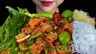 ตําแซลมอนปลาร้า||Spicy Salmon Salad * THAI FOOD *