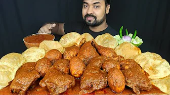 ⁣HUGE SPICY CHICKEN CURRY, EGG CURRY, LOTS OF LUCHI/ PURI, GRAVY, SALAD MUKBANG ASMR EATING SHOW |