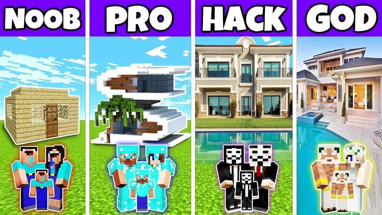 Minecraft Battle : Dream House Build Challenge - Noob Vs Pro Vs Hacker Vs God