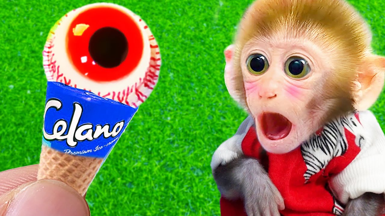 ⁣Monkey baby Bi Bon opens a box of alien ice cream Eyeball Jelly candy | Animals Home Monkey Video