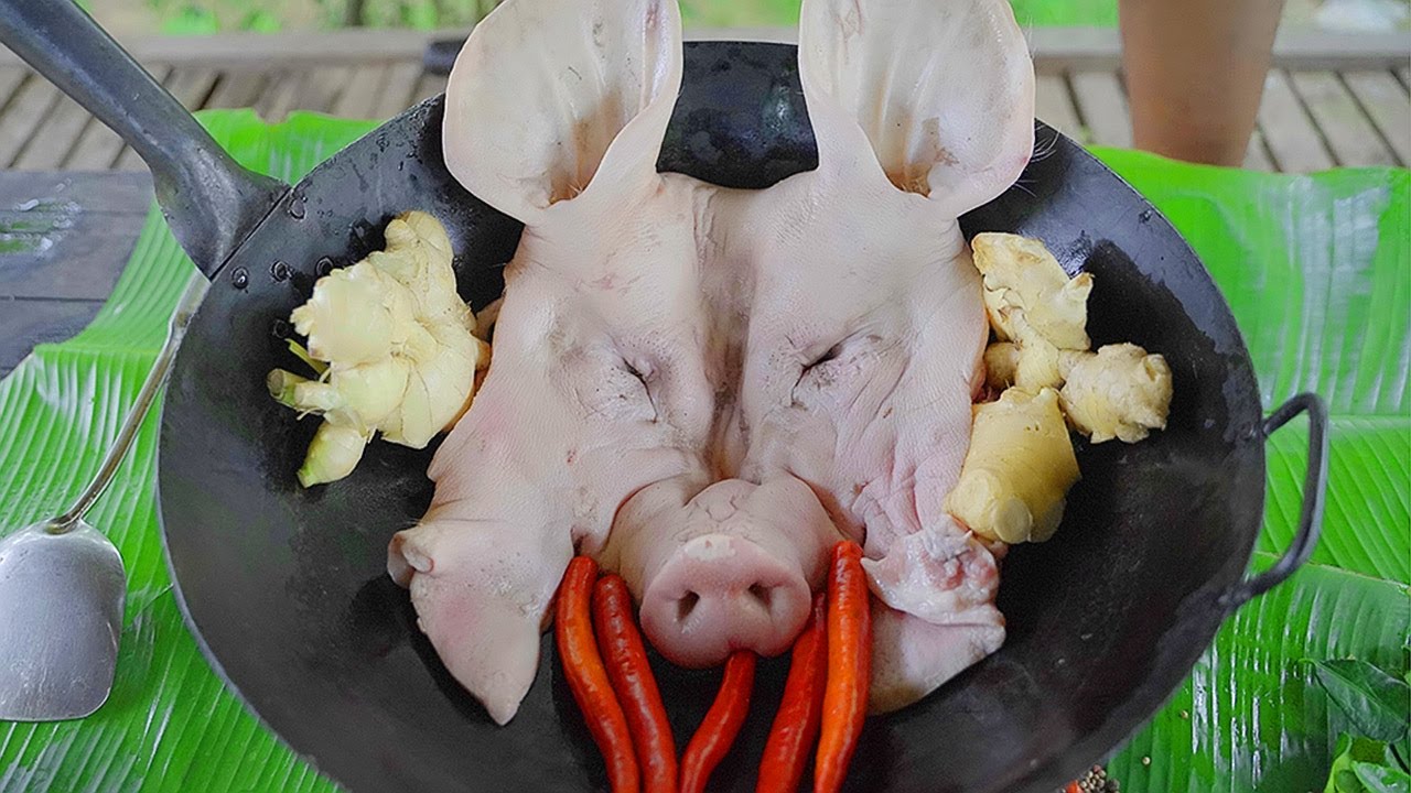 ⁣Pig Head Cooking with Giger Recipe prepare by Two Brother
