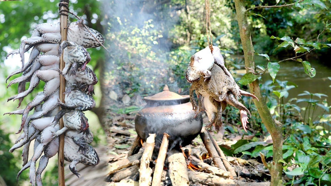 ⁣Primitive Technology : Find Bake FROGS in River - Cooking Bake FROGS sour soup eating delicious